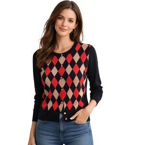 J.Crew Womens Argyle Merino Wool Cardigan Sweater Navy Red Beige Size M